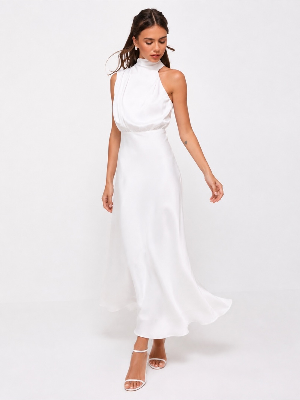 NEW LULUS Distinctive Charm White Satin Asymmetrical Midi Dress SZ XS